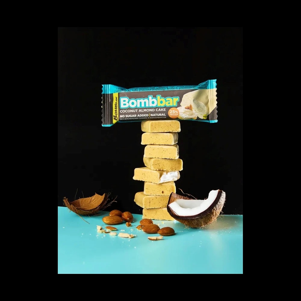 Bombbar Chocolate Covered Protein Bar with Coconut Almond Cake Flavor No Sugar Added 30x40g