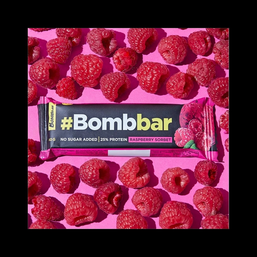 Bombbar Chocolate Covered Protein Bar with Raspberry Sorbet Flavor No Sugar Added 30x40g